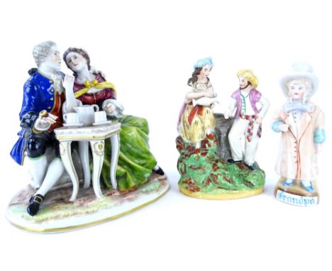 A collection of ceramic figurines, to include German porcelain, mid 19thC Staffordshire figure of a Turkish gentleman and lad