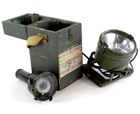 A Second World War period RAF OGA compass, in a fitted grey painted pine case, 27cm x 13cm overall, and a Air Ministry spotti