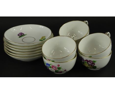 A Royal Copenhagen part tea service, decorated with specimen flowers, the saucers 16.5cm diameter, blue hand written marks to