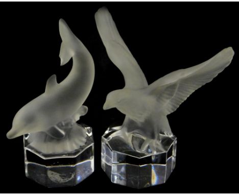 A Goebel frosted glass sculpture of an Eagle, etched marks underside, 12cm high and a similar sculpture of a dolphin (2). 