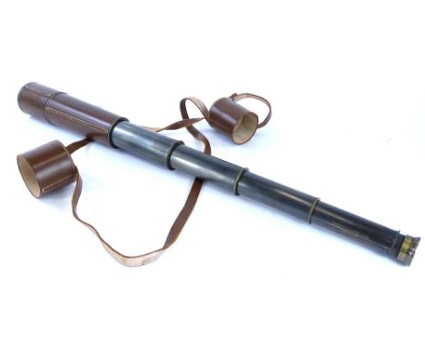A brass six draw telescope, stamped Broadhurst Clarkson &amp; Co Ltd. of London, with leather mounts etc., 110cm long extende