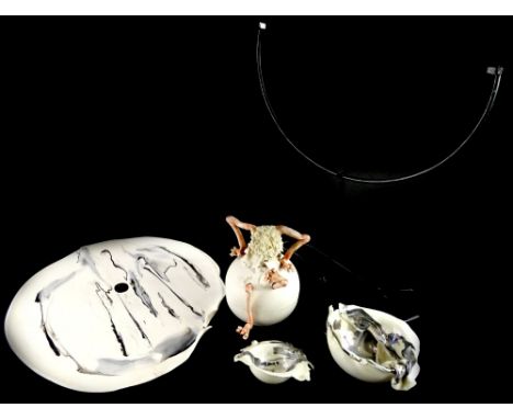 A collection of Studio Pottery, to include a figure hatching out of an egg, a ceramic plaque, decorated in grey and white col