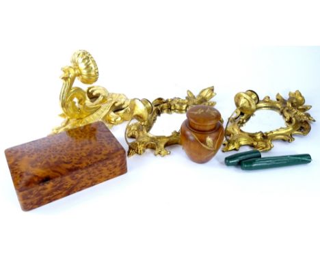 A pair of gilt gesso girandole, each with a single candle arm, a similar wall light, a burr yew box, an oriental style turned