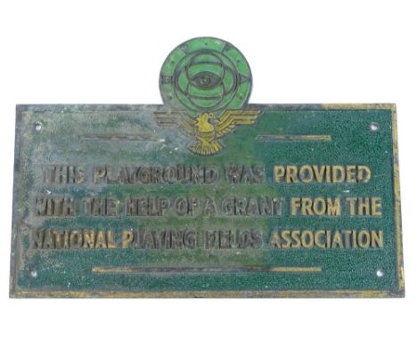 A vintage National playing fields association brass and painted playground sign, with NPFA emblem, 30cm wide. 