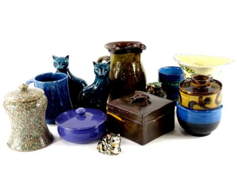 A collection of ceramics, to include a Bitossi mug, an Ault purple glazed powder bowl and cover, Studio Pottery box decorated