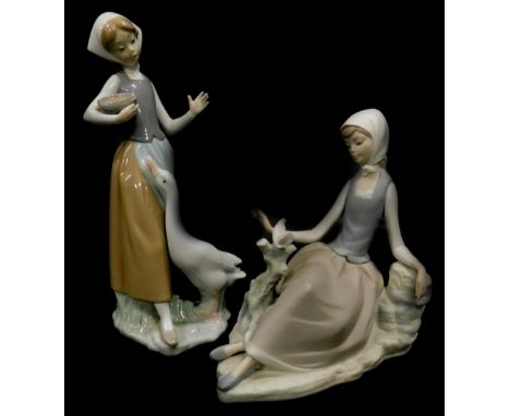 A Lladro matt glaze figure of a lady seated beside a dove, and another figure of a lady with a goose. (2)