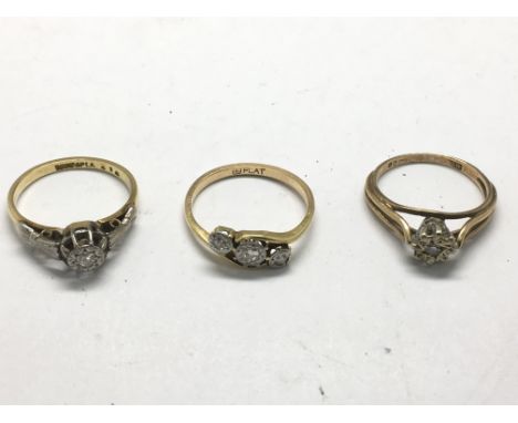 Three gold rings, set with diamonds.Approx P/K, 7g