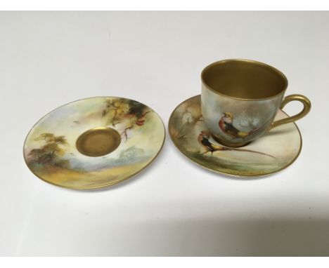 A Royal Worcester hand painted cabinet cup and saucer dipicting colourful French Pheasant, signed saucer attributed to Walter