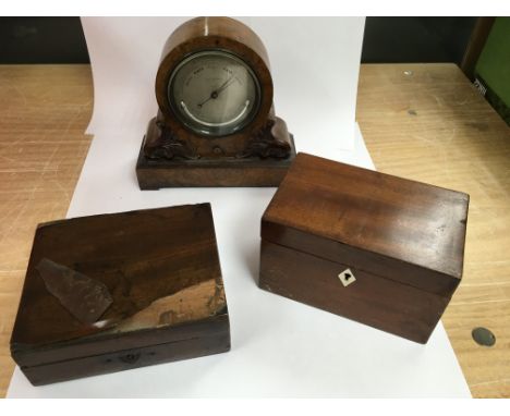 A burr walnut barometer made by Callaghan, London plus two wooden boxes