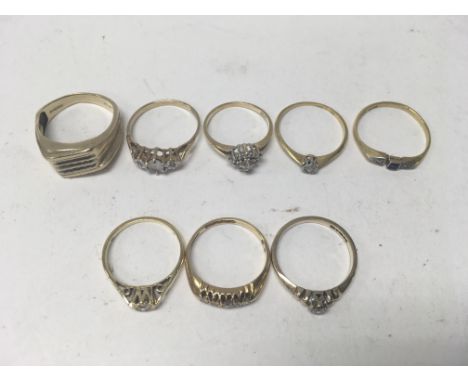 Three 9ct diamond rings, a 14ct diamond ring and a further four 18ct gold diamond rings. Sizes approx P, N, K, M, O. Total we