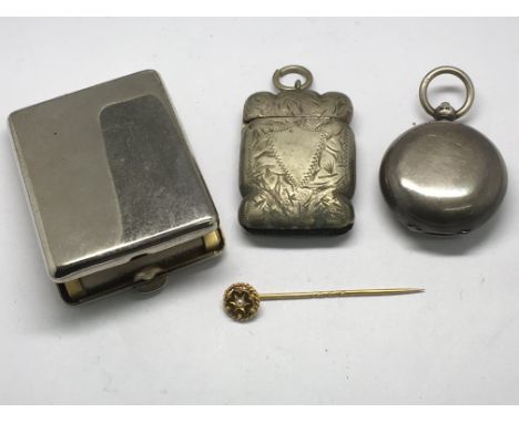 A 15ct gold stick pin, silver vesta, sovereign case and match case