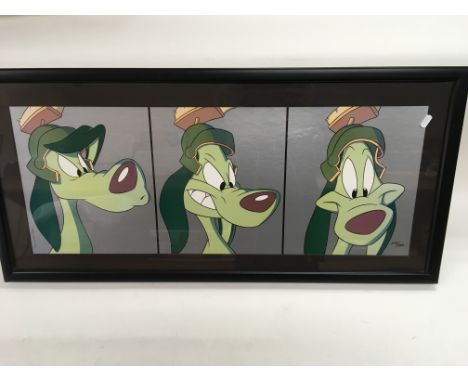 A limited edition Warner Brothers lithograph triptych of K9 the dog, numbered 343 of 350, approx 94cm x 44cm.