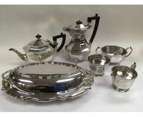 A five piece silver plated tea service and a silver plated tureen with Carltonware ceramic liner (6).