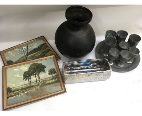 An African calabash type pot , unusual ceramic planter with silver foil effect decoration , pewterware and prints