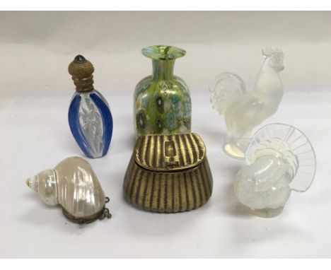 Two French Sabino glass ornaments of a cockerel and a turkey, a small modern Murano bottle vase, scent bottle, a novelty bras