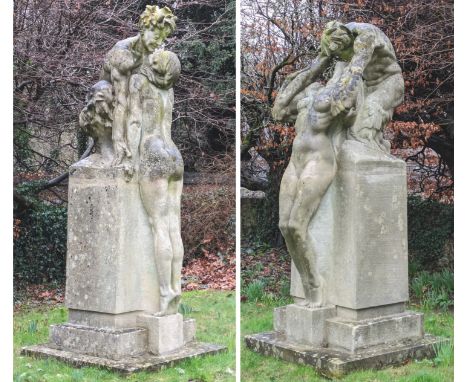 Charles Sargeant Jagger (1885-1934) A pair of rare Portland stone groups of a nymph and satyreach in the form of a satyr carv