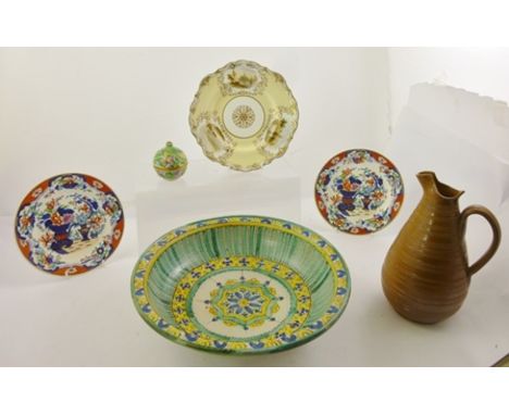 A HEREND HAND PAINTED RETICULATED SMALL BOX AND COVER, together with a STONEWARE JUG, a hand painted earthenware BOWL, 34cm d