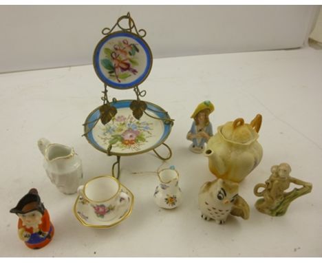 A SELECTION OF CABINET ORNAMENTS to include Wade OWL and MONKEY, PIN CUSHION DOLLY, French DISH ornament, TOBY JUG, etc (8) 