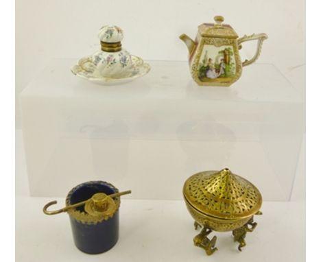 A SELECTION OF CABINET PIECES to include; a Dresden porcelain teapot, a Continental porcelain inkwell decorated with flora, "