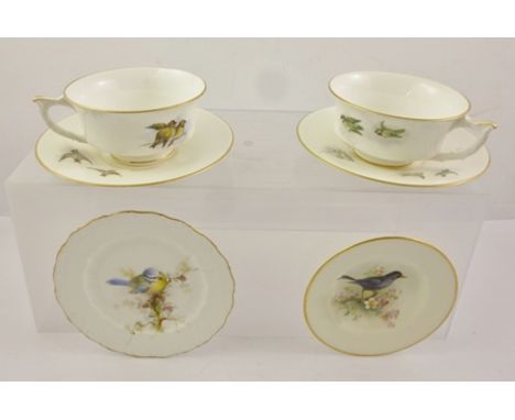 A ROYAL WORCESTER SMALL PLATE, hand painted with a Blackbird, signed W. Powell, 12cm diameter, another SIMILAR - (broken), a 