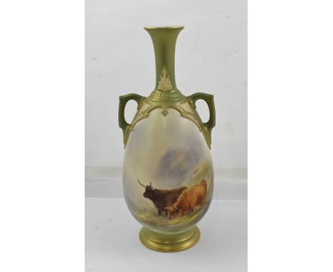 A ROYAL WORCESTER PORCELAIN VASE, hand painted with Highland Cattle by Harry Stinton, the two-handled vase shape no. 1762, wi