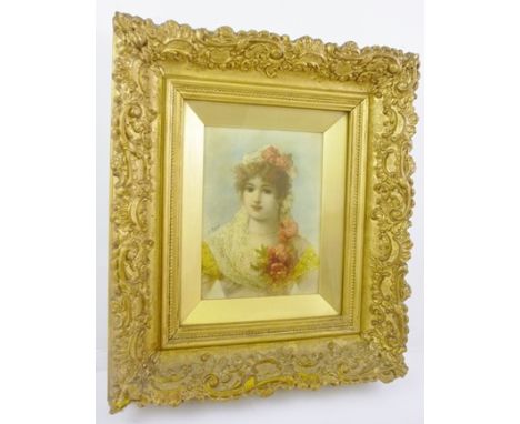 J. RENE Portrait of a Lady of Fashion, Oil painting on panel, signed, 19cm x 14cm in ornate gilt gesso frame 