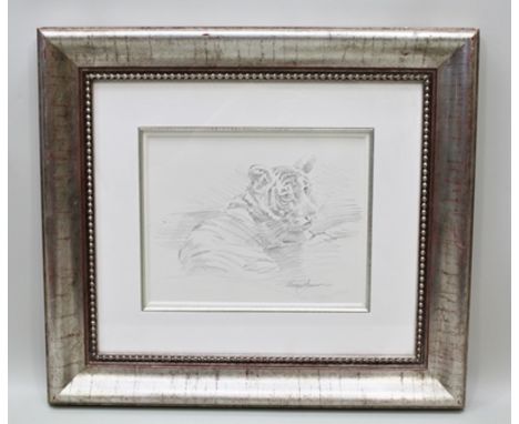 MICHAEL JACKSON Tiger Cub, pencil drawing, signed, 22cm x 28cm, in silvered beaded glazed frame 