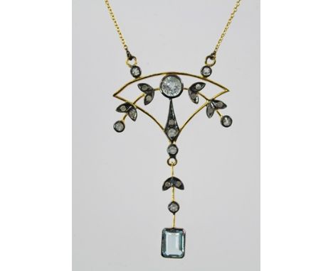 A VICTORIAN STYLE BLUE TOPAZ AND DIAMOND NECKLACE fashioned as a fan with pendant drop, stamped 975 verso, on a fine gold cha