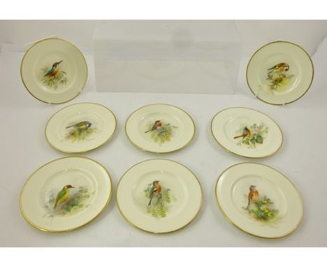 A SET OF EIGHT ROYAL WORCESTER TEA PLATES, hand painted with garden bird decoration; Goldfinch, Kingfisher, Great Tit, Robin,