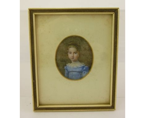 A 19TH CENTURY MINIATURE PORTRAIT PAINTING of a girl wearing a blue dress, her blonde hair in ringlets, oval mounted in plain
