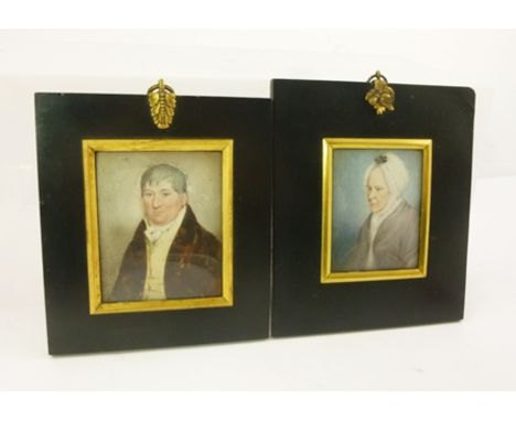 TWO GEORGE III MINIATURE PORTRAIT PAINTINGS, William Chandler of Devizes and his wife, 8.5cm x 6.5cm and 7.5cm x 6cm, in ebon