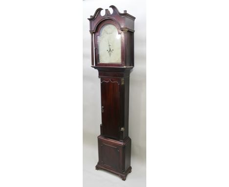 "WRIGHT, BIRMINGHAM" AN EARLY 19TH CENTURY MAHOGANY LONGCASE CLOCK, the hood having swan neck pediment over arched dial and c