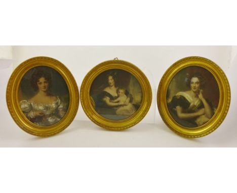 A PAIR OF OVAL GILT FRAMED MEZZOTINTS "Miss MacDonald" and "Miss Croker", 19th century ladies of fashion, in gilded frames, t
