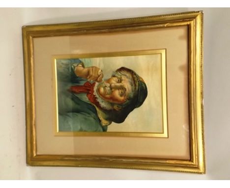 ** DUNMORE "Old Sea Salt" portrait study of a man with clay pipe, Watercolour, signed and dated 1891, 35 x 25cm in gilt glaze