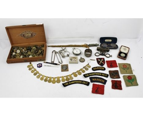 A COLLECTION OF MILITARY UNIFORM BUTTONS AND BADGES mostly World War II, together with a necklace made from pocket watch cock