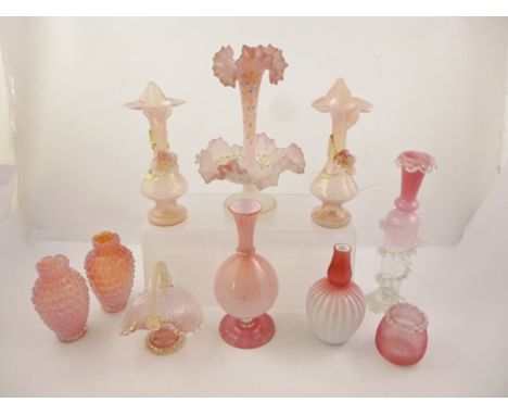 A PAIR OF VICTORIAN PINK GLASS JACK-IN-THE PULPIT VASES, 22cm high, together with a pink glass EPERGNE and other pink glasswa