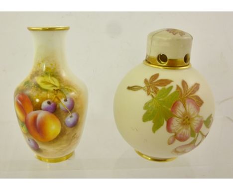 A MODERN ROYAL WORCESTER VASE, hand painted with fruit, indistinctly signed, 12cm high, together with a Royal Worcester globu