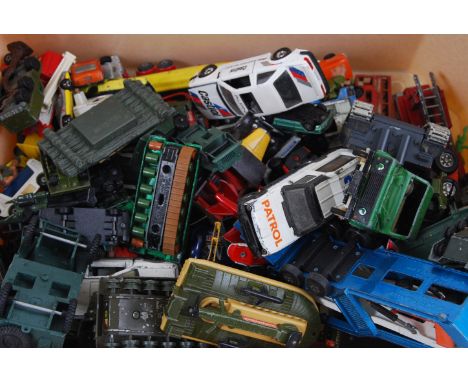 DIECAST: A crate of assorted loose vintage diecast to include Matchbox, Britains, Zylmex, Solido and others. 