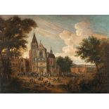 Flämisch – Stadtansicht mit Hochzeitsprozession vor einer Kirche