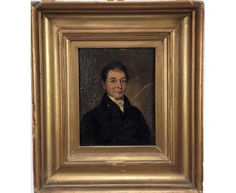 English School early 19th Century oil on board - A half length portrait of a gentleman, 16cm x 13cm in period gilt frame.