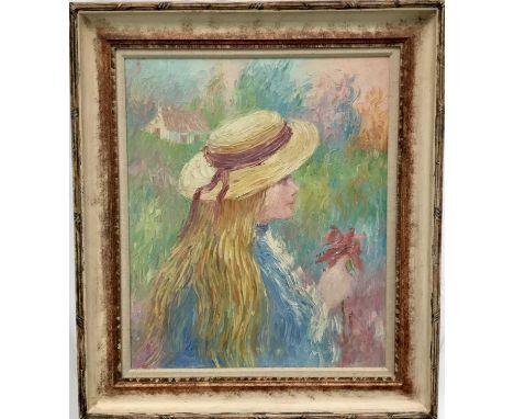 R. Norman, contemporary, oil on canvas - portrait of a girl in a straw hat, signed verso, 60cm x 50cm, framed