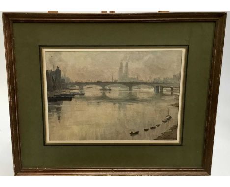 J. M. Powell early 20th century watercolour - 'Fog - Battersea Bridge', signed and dated 1908, image 30cm x 21cm in glazed fr