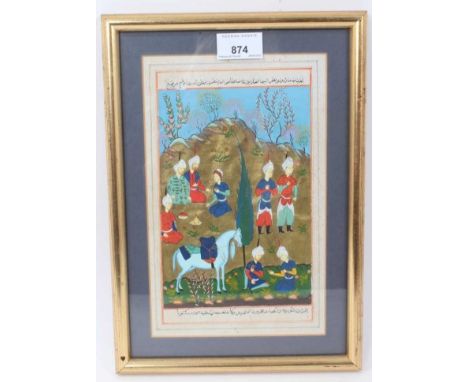 Indo-Persian illuminated manuscript leaf, painted with group of men resting in a landscape, with script borders, leaf 23 x 13