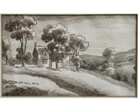 Thomas Barker of Bath (1769-1847) monochrome wash study of a cottage, 10 x 17cm, label verso states this is from his Pontypoo