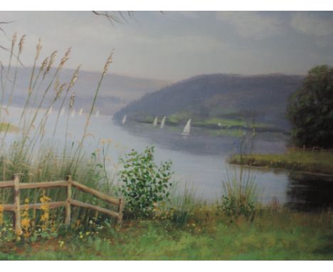 A print, after Jeff Sanders, A Summer Evening at Windermere, signed, 18 x 51cm, framed and glazed