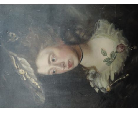 An oil painting, Rennie, Portrait of Mary Gainsborough, attributed verso, 80 x 66cm, framed
Poor condition, marked and holes