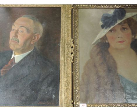 An oil painting, Gordon, portrait of a 1930's lady, signed, 57 x 52cm, framed, and an oil painting, Wilhelm Carl Wolfrum, Gra