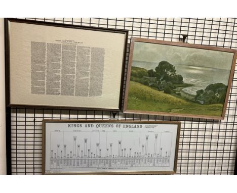 A translation of the Magna Carta together with a print of the monarchy, a watercolour of a steam roller and another print
