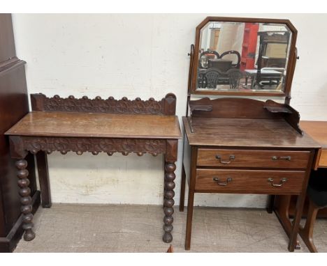 A mahogany dressing table together with an oak side table on bobbin turned legs