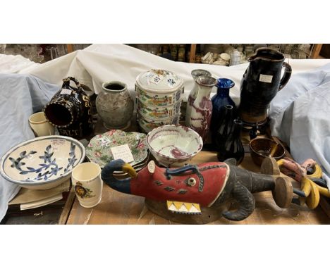 A large James Leach studio pottery jug together with a John Pollex bowl, glass vases, Oldrich Asenbryl vases and bowl, a Chin